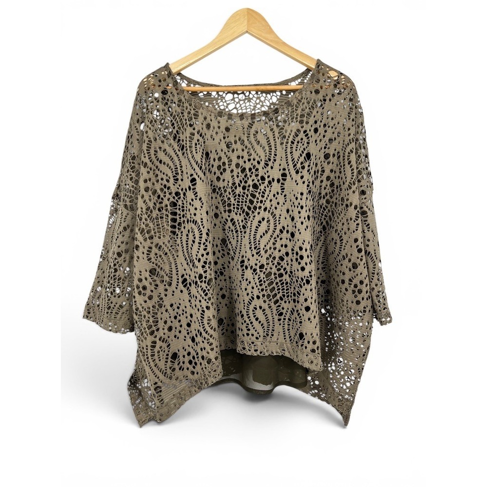 Alberto Makali Olive Green Crochet Paisley Poncho Top with Camisole Liner Large